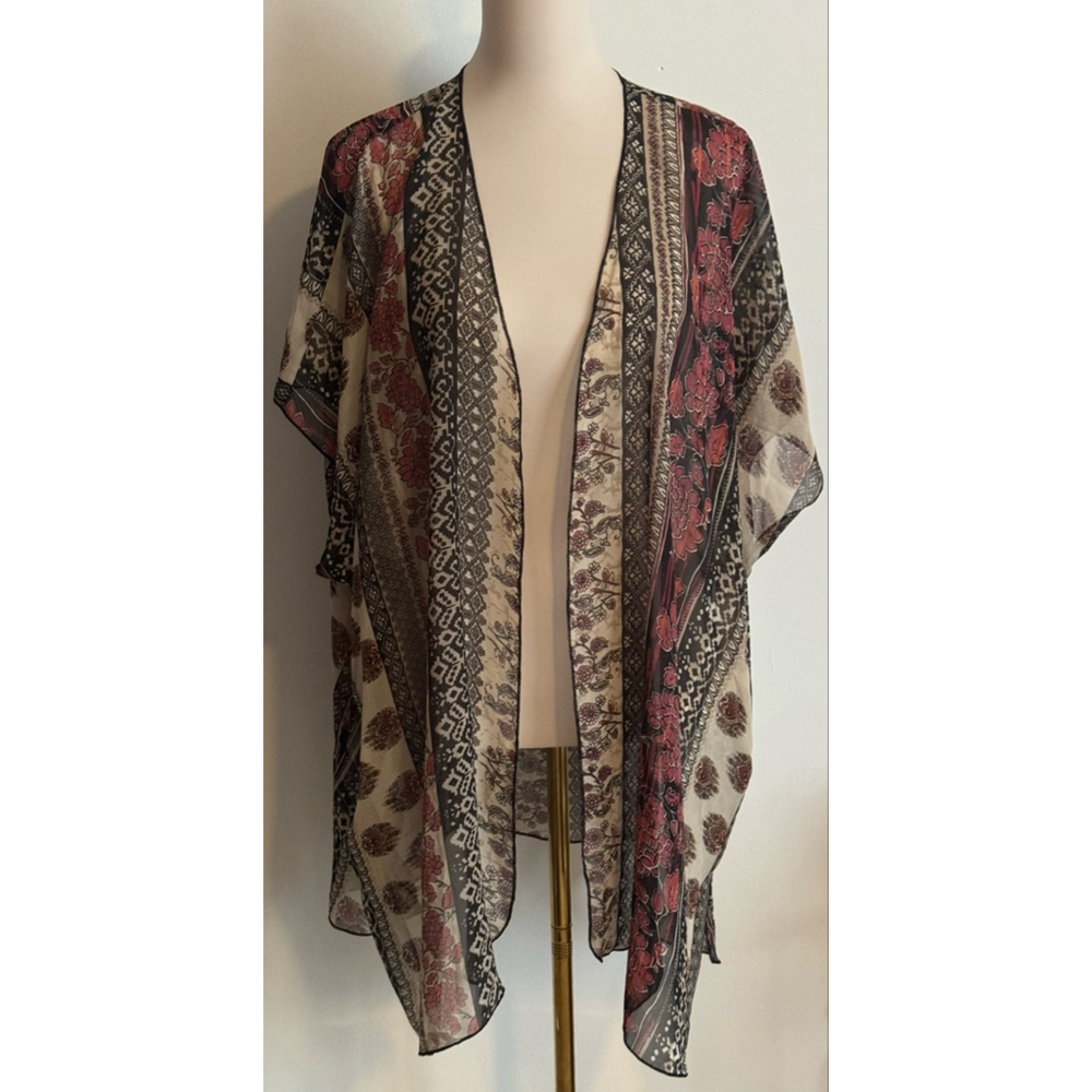 Women's Band of Gypsies Tunic S Beige Black Floral Kimono
